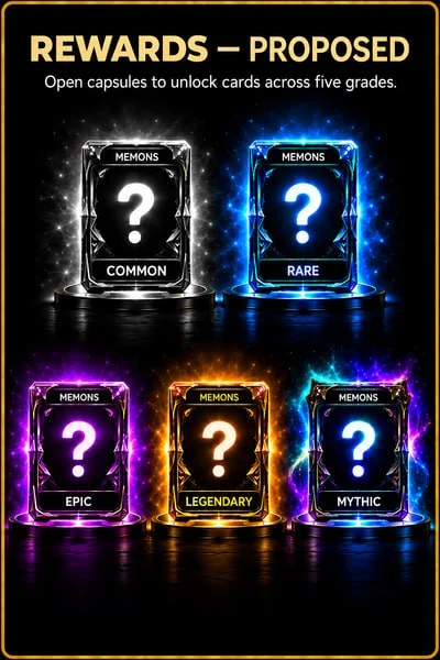 Proposed rewards: Common, Rare, Epic, Legendary and Mythic cards